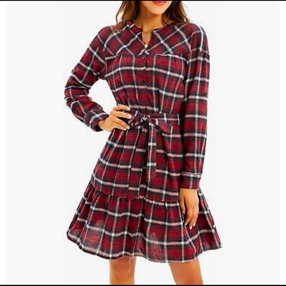 GRACE KARIN Women's Roll Up Sleeve Button Down Plaid Shirt Dress with Belt-Red